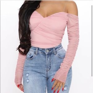 Fashion Nova Off the Shoulder Ruched Bodysuit Pink